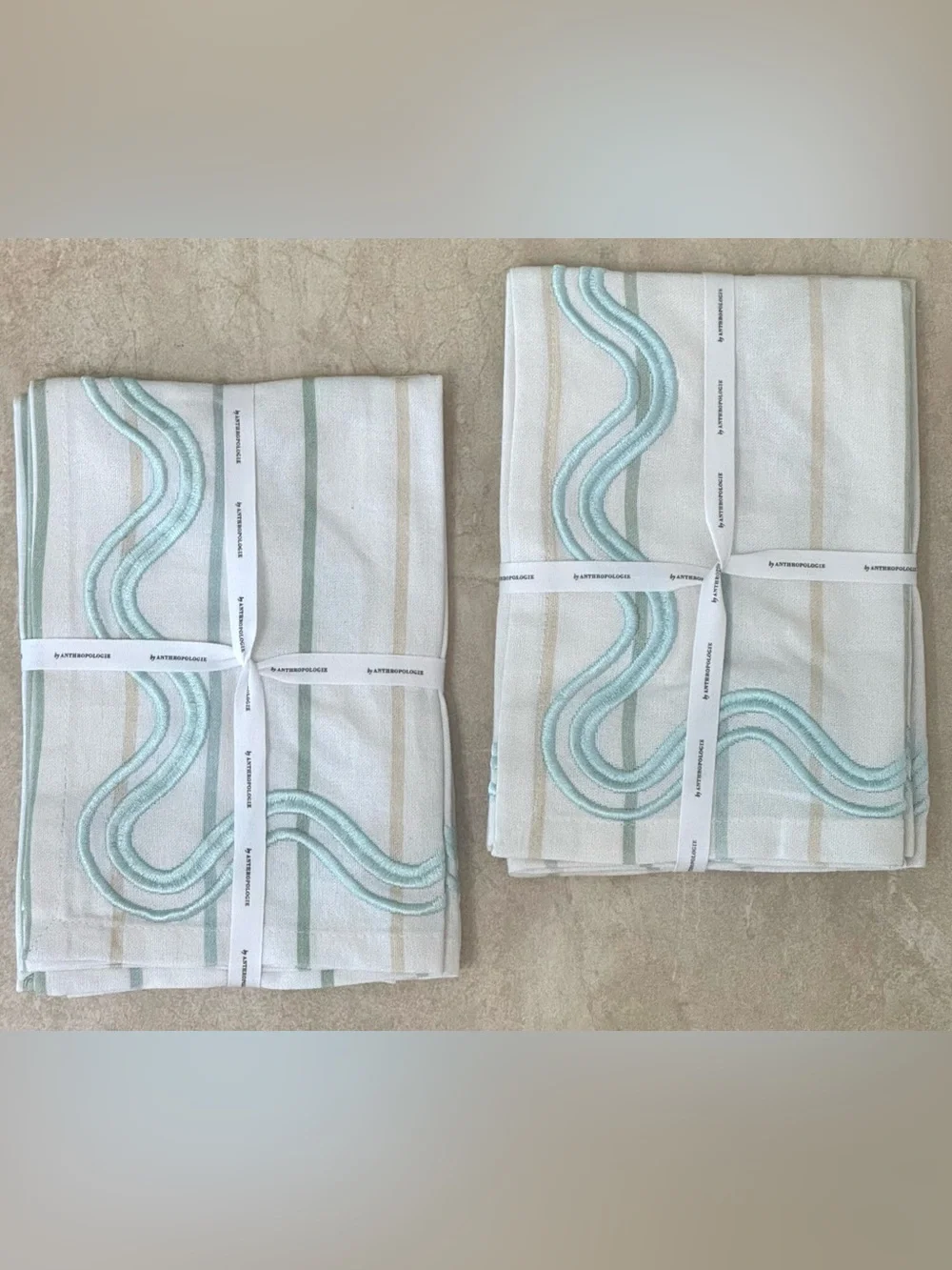 Anthropologie Striped Embroidered Napkins
